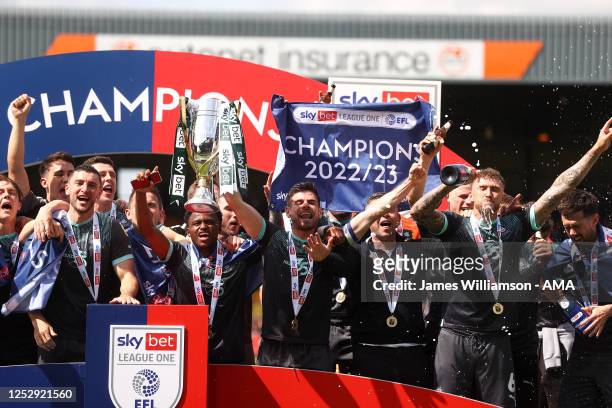 Plymouth Argyle celebrate being crowned champions of EFL Sky Bet League One and being promoted to the EFL Sky Bet Championship during the Sky Bet...