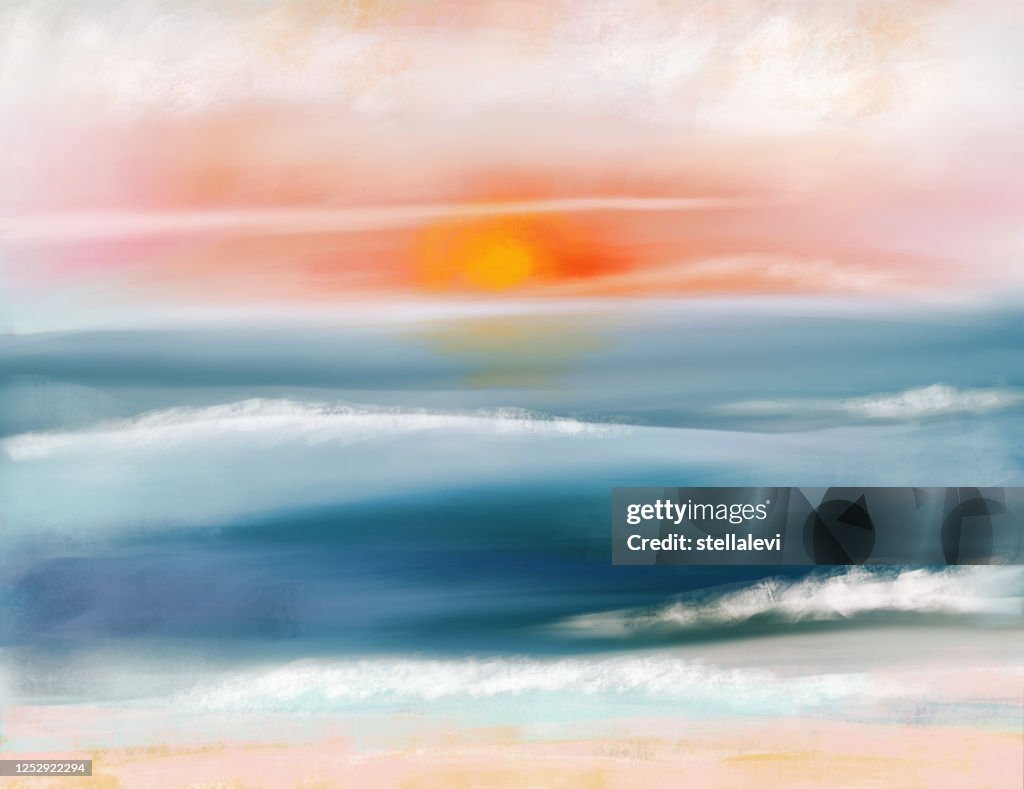 Ocean at sunset painting. waves. sandy beach.