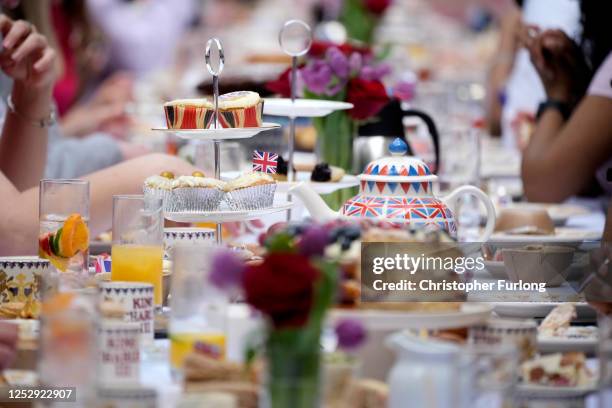Coronation themed table setting is seen during a lunch hosted by Prime Minister Rishi Sunak and wife Akshata Murty at Downing Street to celebrate the...