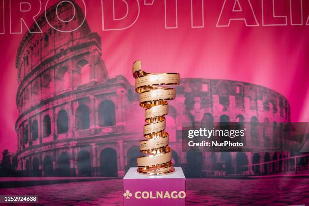 Official Giro d'Italia trophy "Senza Fine" on the firstground and a picture of Rome/Colosseo on the background are seen prior the 106th Giro d'Italia...