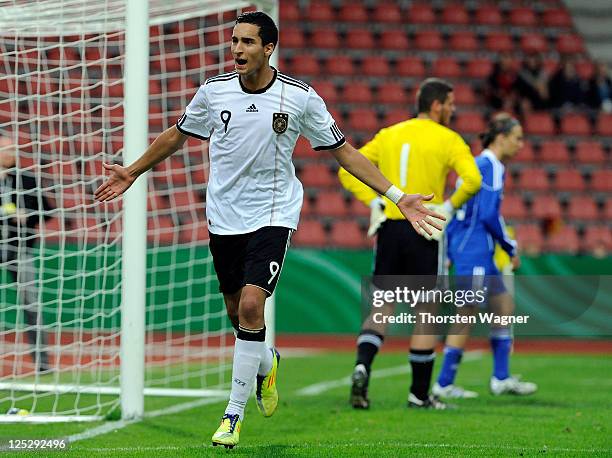 Said Benkarit of Germany celebrates after scoring his teams third goal during the DFB U17 Four Nations Cup match between Germany and Israel at Aue...