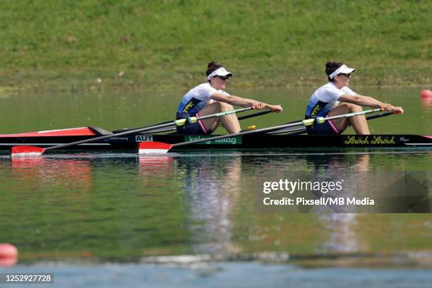 Katharina Lobnig, Magdalena Lobnig of Austria competes in the Women's Double Sculls Final A during Day 3 of the 2023 World Rowing Cup on Lake Jarun...