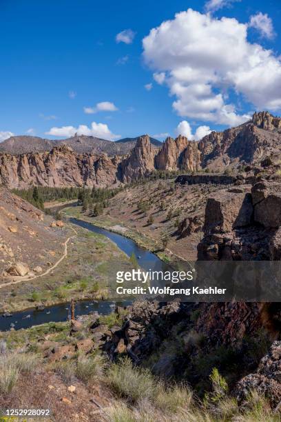 The Crooked River flowing through Smith Rock State Park, which is a state park located in central Oregon's High Desert near the communities of...