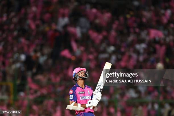 Rajasthan Royals' Yashasvi Jaiswal reacts after playing a shot during the Indian Premier League Twenty20 cricket match between Rajasthan Royals and...