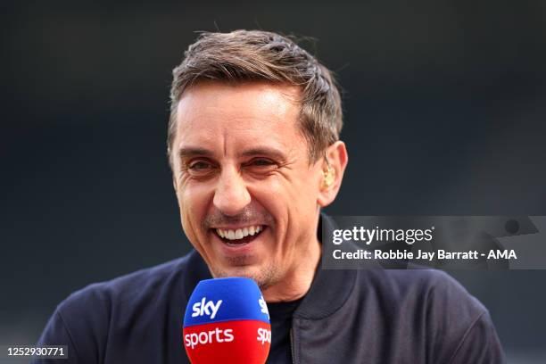 Gary Neville working as a TV pundit for Sky Sports ahead of the Premier League match between Newcastle United and Arsenal FC at St. James Park on May...