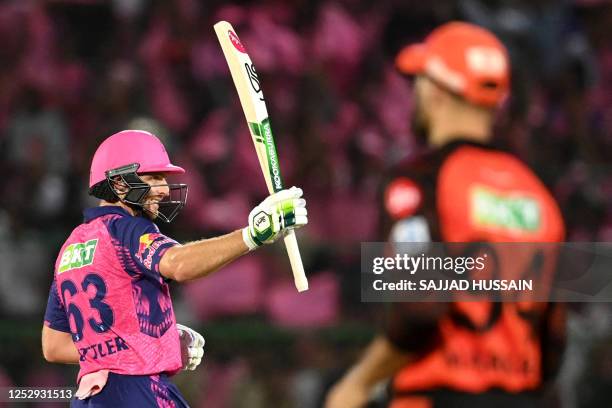 Rajasthan Royals' Jos Buttler celebrates after scoring a half-century during the Indian Premier League Twenty20 cricket match between Rajasthan...