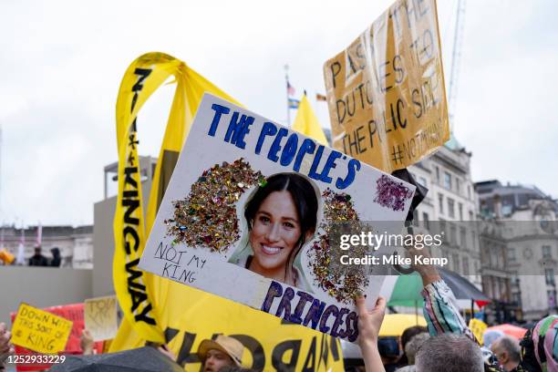 Placard featuring Meghan Markle, the Duchess of Sussex as the 'People's Princess' as anti-monarchists from the group Republic gather in central...