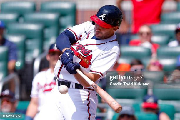 Matt Olson of the Atlanta Braves hits a solo home run during the first inning against the Baltimore Orioles at Truist Park on May 7, 2023 in Atlanta,...