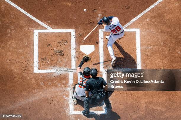 Matt Olson of the Atlanta Braves hits a home run during the first inning against the Baltimore Orioles at Truist Park on April 07, 2023 in Atlanta,...