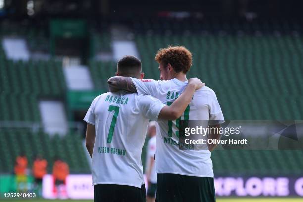 Josh Sargent of Werder Bremen celebrates after scoring his team's sixth goal with Milot Rashica during the Bundesliga match between SV Werder Bremen...