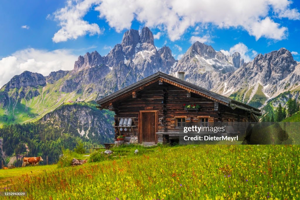 Alpine scenery with mountain chalet in summer