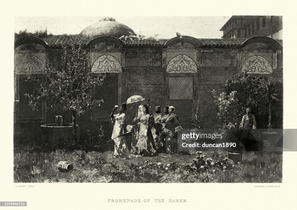 Women strolling in the enclosed garden of a Turkish harem
