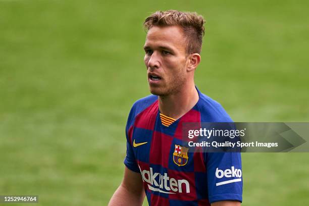 Arthur Melo of FC Barcelona looks on during the Liga match between RC Celta de Vigo and FC Barcelona at Abanca-Balaídos on June 27, 2020 in Vigo,...