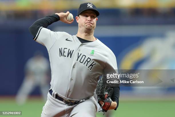 Gerrit Cole of the New York Yankees pitches against the Tampa Bay Rays during the first inning at Tropicana Field on May 7, 2023 in St. Petersburg,...