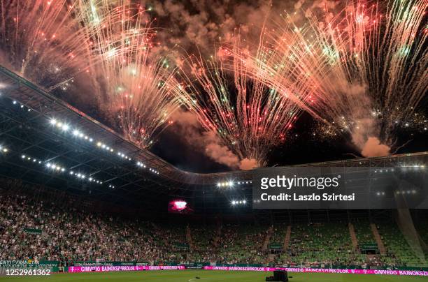 General view inside the stadium as fireworks are set off as Ferencvarosi TC celebrate the 31st championship title after the Hungarian OTP Bank Liga...