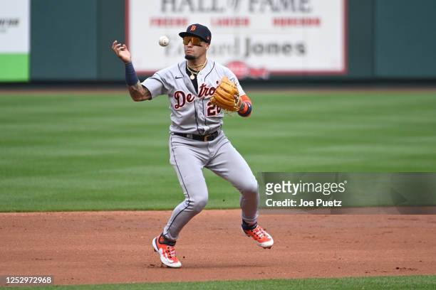 Javier Baez of the Detroit Tigers is unable to field a ground ball by the St. Louis Cardinals in the second inning at Busch Stadium on May 7, 2023 in...