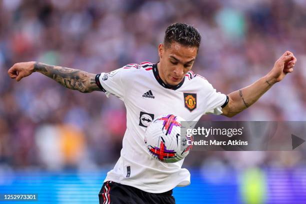 Antony of Manchester United during the Premier League match between West Ham United and Manchester United at London Stadium on May 7, 2023 in London,...