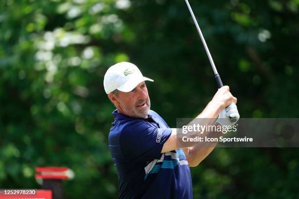 Jose Maria Olazabal hits his tee shot on the 2nd hole during the final round of the PGA Tour Champions Mitsubishi Electric Classic on May 7, 2023 at...