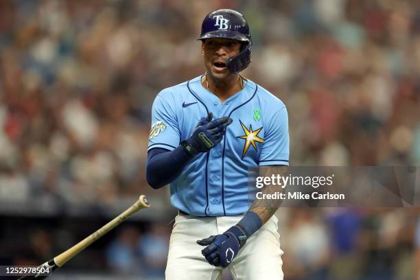 Christian Bethancourt of the Tampa Bay Rays react to his three-run home run against the New York Yankees during the sixth inning at Tropicana Field...