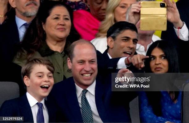 Prince George of Wales and Prince William, Prince of Wales and Prime Minister Rishi Sunak and his wife Akshata Murty, during the Coronation Concert...