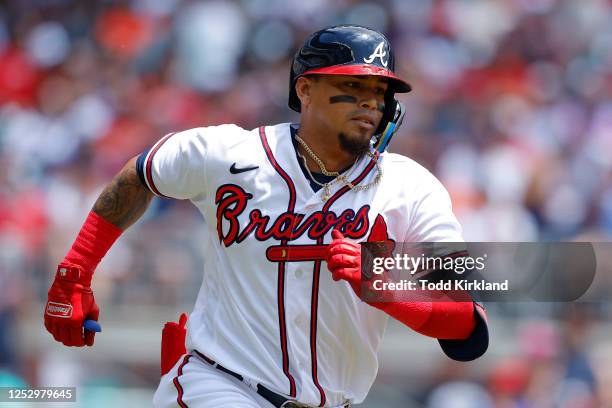 Orlando Arcia of the Atlanta Braves doubles during the fifth inning against the Baltimore Orioles at Truist Park on May 7, 2023 in Atlanta, Georgia.