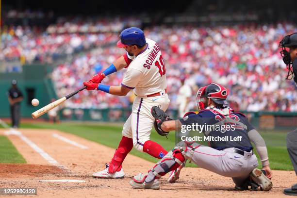 Kyle Schwarber of the Philadelphia Phillies hits a two-run home run in the bottom of the sixth inning against the Boston Red Sox at Citizens Bank...