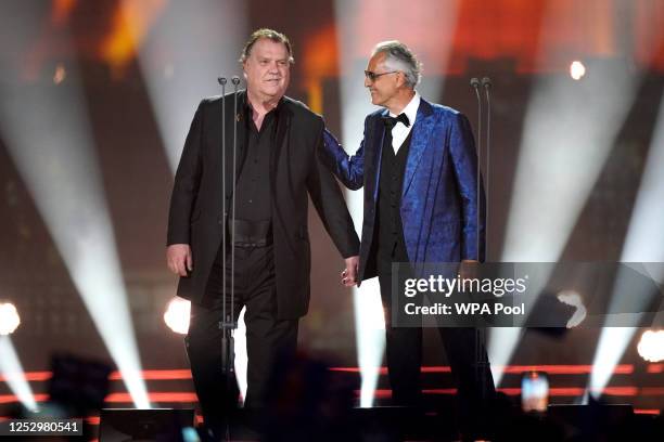 Sir Bryn Terfel and Andrea Bocelli perform during the Coronation Concert on May 7, 2023 in Windsor, England. The Windsor Castle Concert is part of...