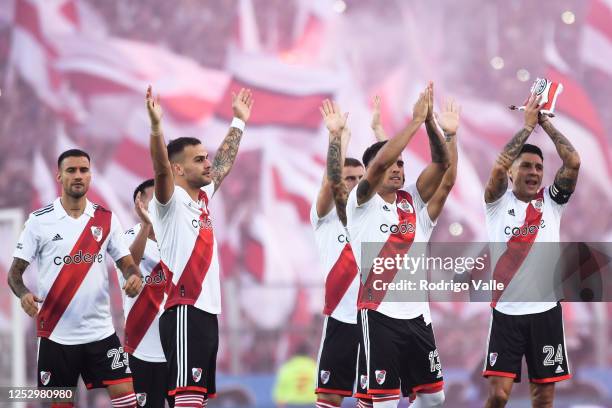 River Plate players wave to the fans prior to a match between River Plate and Boca Juniors as part of Liga Profesional 2023 at Estadio Más Monumental...