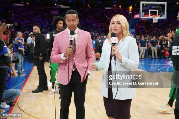 Mark Jones and Doris Burke talk to the media before Game Four of the Eastern Conference Semi-Finals of the 2023 NBA Playoffs between the Boston...
