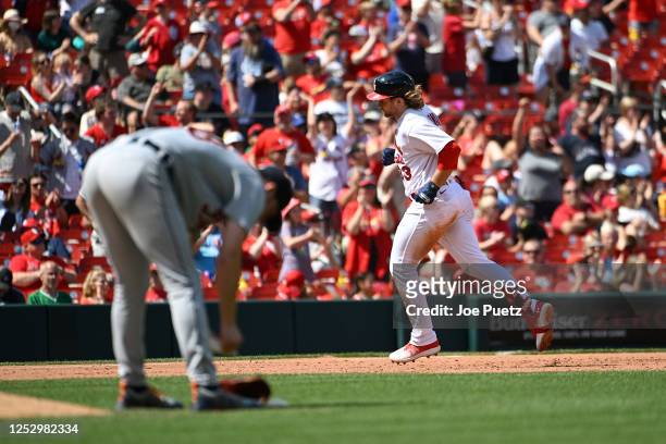 Brendan Donovan of the St. Louis Cardinals rounds the bases after hitting a three-run home run against the Detroit Tigers in the sixth inning at...
