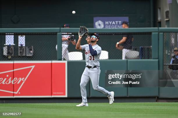 Riley Greene of the Detroit Tigers catches a fly ball by the St. Louis Cardinals in the fifth inning at Busch Stadium on May 7, 2023 in St Louis,...