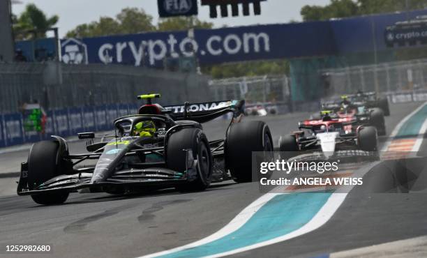 Mercedes' British driver Lewis Hamilton races during the 2023 Miami Formula One Grand Prix at the Miami International Autodrome in Miami Gardens,...