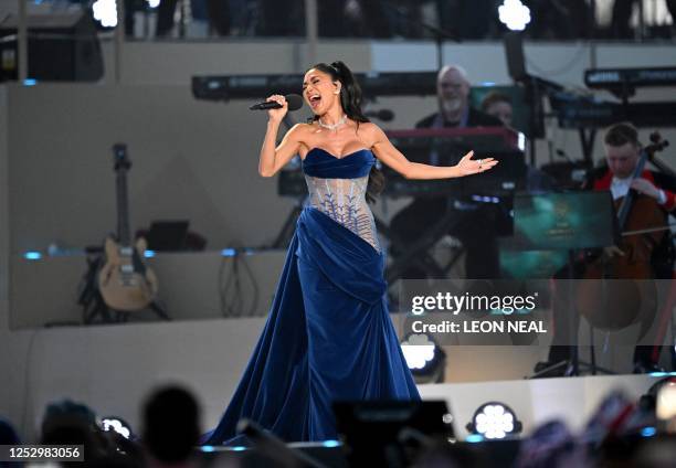 Singer-songwriter Nicole Scherzinger performs inside Windsor Castle grounds at the Coronation Concert, in Windsor, west of London on May 7, 2023. -...