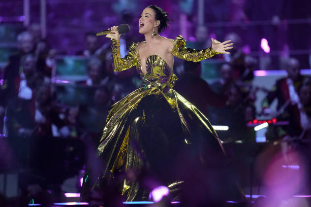 Kate Perry performs during the Coronation Concert on May 7, 2023 in Windsor, England. The Windsor Castle Concert is part of the celebrations of the...