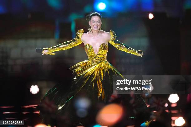 Katy Perry performs during the Coronation Concert in the grounds of Windsor Castle on May 7, 2023 in Windsor, England. The Windsor Castle Concert is...