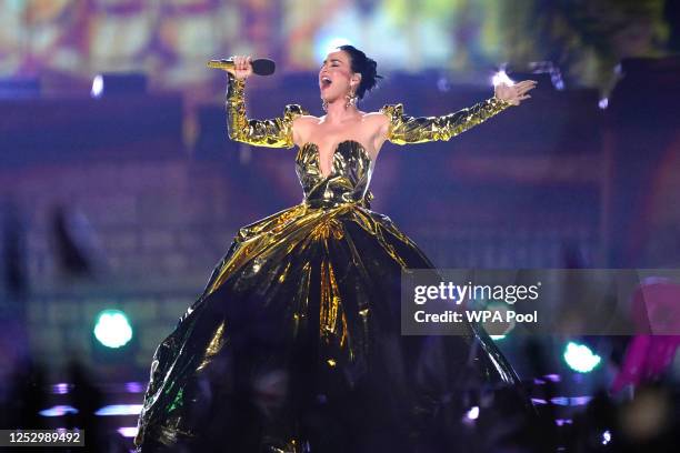 Katy Perry performs during the Coronation Concert in the grounds of Windsor Castle on May 7, 2023 in Windsor, England. The Windsor Castle Concert is...