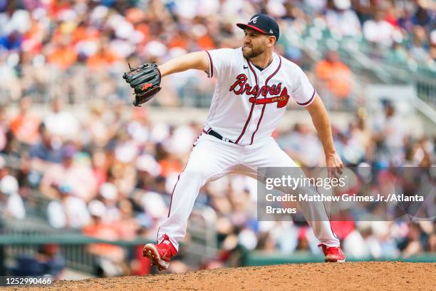 Dylan Lee of the Atlanta Braves pitches during the eighth inning against the Baltimore Orioles at Truist Park on May 7, 2023 in Atlanta, Georgia.