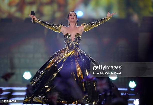 Katy Perry performs during the Coronation Concert in the grounds of Windsor Castle on May 7, 2023 in Windsor, England. The Windsor Castle Concert is...