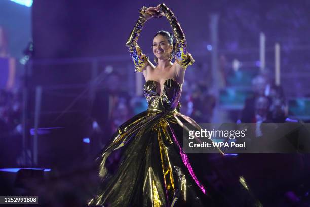 Katy Perry performs during the Coronation Concert on May 7, 2023 in Windsor, England. The Windsor Castle Concert is part of the celebrations of the...