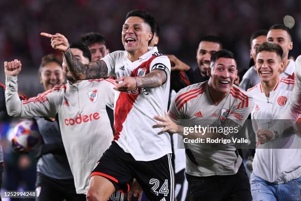 Enzo Perez of River Plate celebrates after winning a match between River Plate and Boca Juniors as part of Liga Profesional 2023 at Estadio Más...