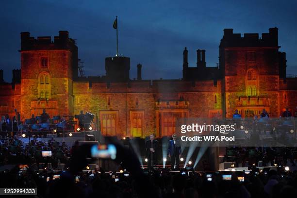 Sir Bryn Terfel and Andrea Bocelli perform during the Coronation Concert on May 7, 2023 in Windsor, England. The Windsor Castle Concert is part of...