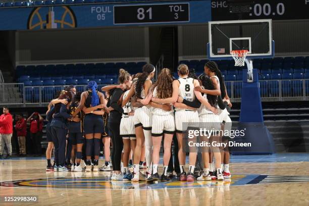 Indiana Fever and Chicago Sky huddle up after the preseason on May 7, 2023 at the Wintrust Arena in Chicago, IL. NOTE TO USER: User expressly...