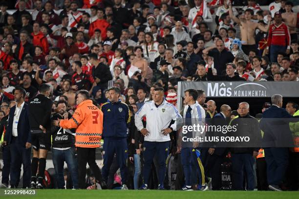 Boca Juniors' head coach Jorge Almiron reacts after losing 1-0 against River Plate during the Argentine Professional Football League Tournament 2023...