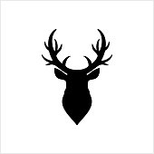 Elk head icon. Template logo design. Black vector silhouette of deers head with antlers isolated on white background. Christmas symbol. Vector illustration. EPS 10