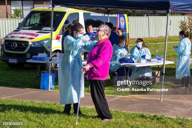 An elderly woman is tested at a pop-up clinic during a COVID-19 testing blitz in the suburb of Broadmeadows on June 28, 2020 in Melbourne, Australia....