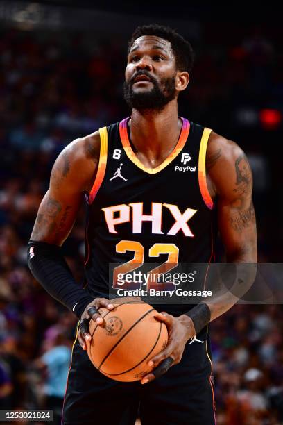 Deandre Ayton of the Phoenix Suns shoots a free throw during the game during round two game four of the 2023 NBA Playoffs on May 7, 2023 at Footprint...