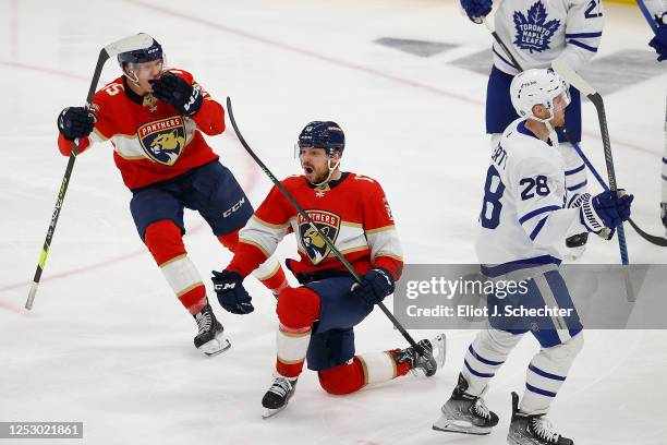 Sam Reinhart of the Florida Panthers celebrates his game winning goal in overtime against the Toronto Maple Leafs in Game Three of the Second Round...