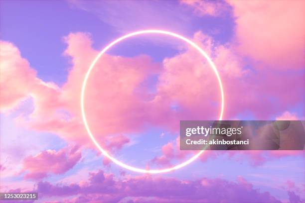 neon circle frame in the sky, futuristic background. - purple circle background stock pictures, royalty-free photos & images