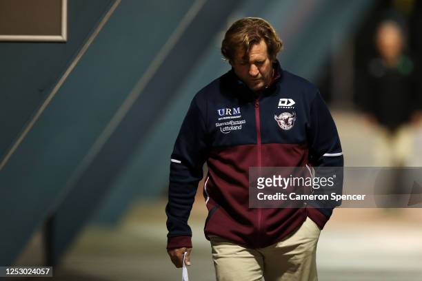 Sea Eagles coach Des Hasler walks to a press conference following the round seven NRL match between the Manly Sea Eagles and the Cronulla Sharks at...