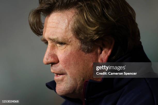 Sea Eagles coach Des Hasler talks during a press conference following the round seven NRL match between the Manly Sea Eagles and the Cronulla Sharks...